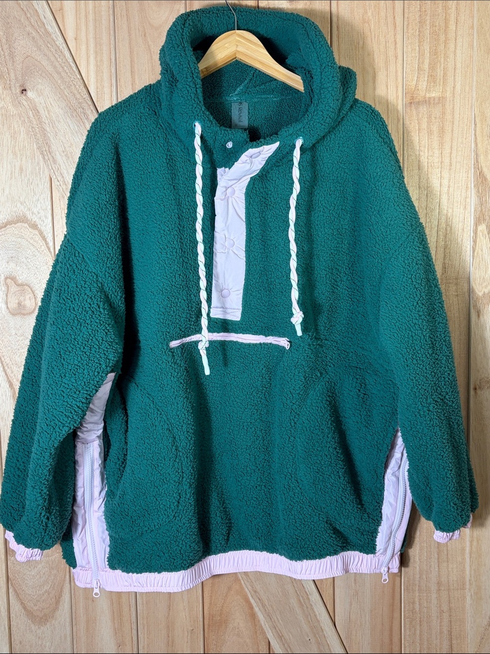 AS Revival Sherpa Hooded Pullover XL Green Pink Snap Neck Side Zips NWT